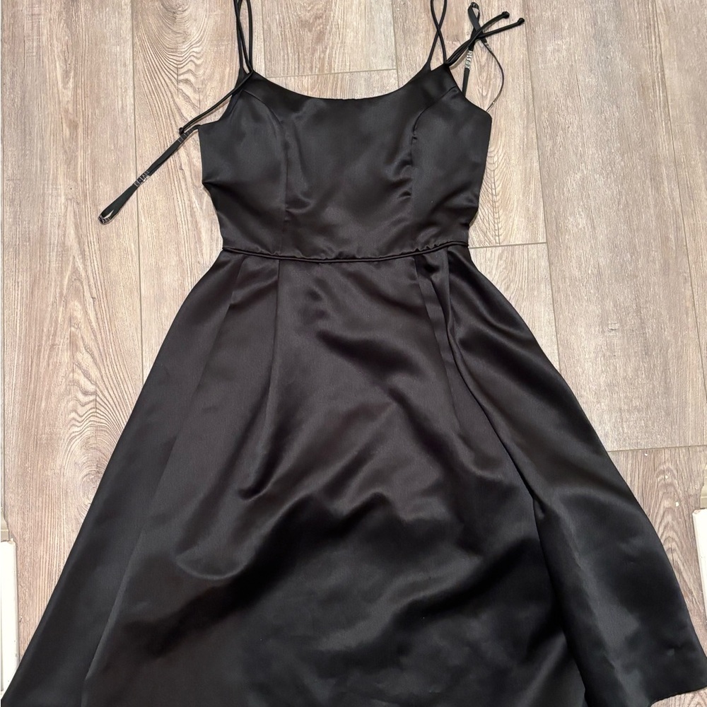 Chic Black Satin Spaghetti Strap Dress